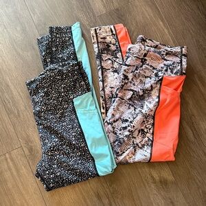 LuLaRoe Women's Leggings Black Speckle with Mint + Coral Snakeskin Pair